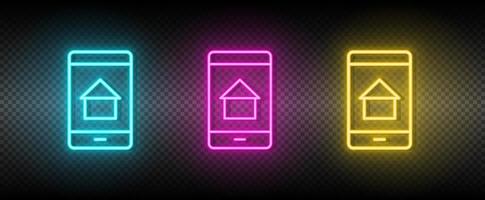 Real estate vector app, house, mobile. Illustration neon blue, yellow, red icon set