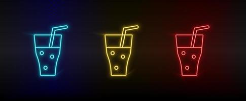 Neon icon set alcohol, cocktail, drink. Set of red, blue, yellow neon vector icon on dark background
