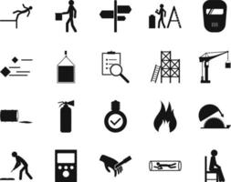 HSE concept, occupational safety and health man, sitting, production factory and environment, labor preventive instructions, worker protection vector icon set on white background