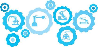 Robot, icon, technology, industry, factory blue gear set. Abstract background with connected gears and icons for logistic, service, shipping, distribution, transport, market, communicate concepts vector