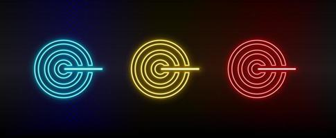 Neon icon set target, bullseye. Set of red, blue, yellow neon vector icon on dark transparent background