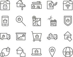 global, location, map set vector icons. Real estate icon set. Simple Set of Real Estate Related Vector Line Icons. Contains such Icons as Map, Plan, Bedrooms on white background