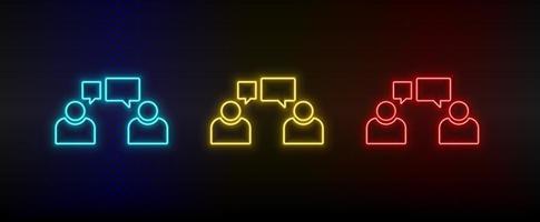 Neon icon set conversation, avatars, users. Set of red, blue, yellow neon vector icon on dark transparent background