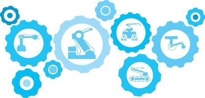 Robot, icon, technology, industry, factory blue gear set. Abstract background with connected gears and icons for logistic, service, shipping, distribution, transport, market, communicate concepts vector