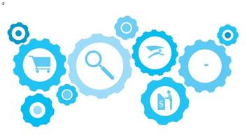 Balance gear blue icon set. Abstract background with connected gears and icons for logistic, service, shipping, distribution, transport, market, communicate concepts vector