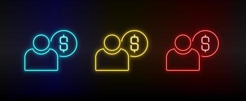 Neon icon set dollar, money, user. Set of red, blue, yellow neon vector icon on dark transparent background