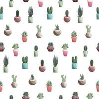 Seamless background with different succulents in ceramic pots on white. Cacti, opuntia, prickly pear, sansevieria, echevieria. vector