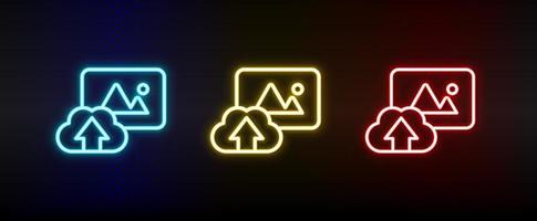 photo, cloud, upload neon icon set. Set of red, blue, yellow neon vector icon on dark transparent background