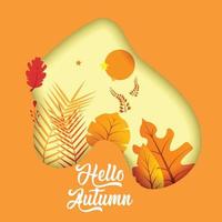 póster con y eslogan Hola otoño. 3d papel cortar efecto. brillante minimalista otoño tarjeta postal. otoño hoja basura. vector