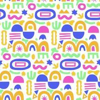 Abstract seamless pattern with colorful geometric shape doodles on white. Simple random shapes in bright childish colors. vector