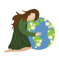 A girl squatting and hugging with love and care the planet Earth blooming with daisies. The concept of keeping the Earth healthy. Earth day and saving planet. Save our planet. vector