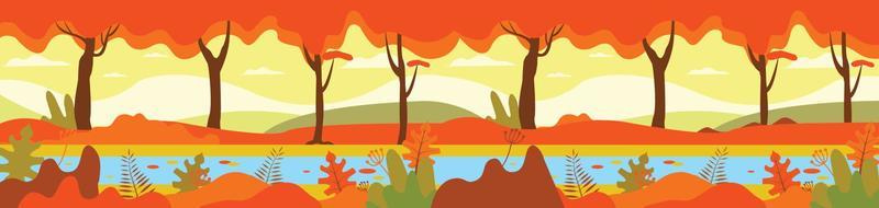 Autumn forest. Autumnal nature landscape, yellow forests trees and woodland fall leaves. October foliage fall autumnal scene, september park tree and river cartoon vector illustration