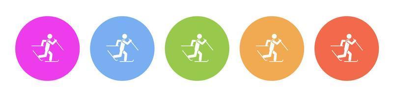 Multi colored flat icons on round backgrounds. Skier skiing multicolor circle vector icon on white background