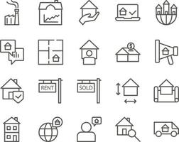 moving, relocation, van set vector icons. Real estate icon set. Simple Set of Real Estate Related Vector Line Icons. Contains such Icons as Map, Plan, Bedrooms on white background