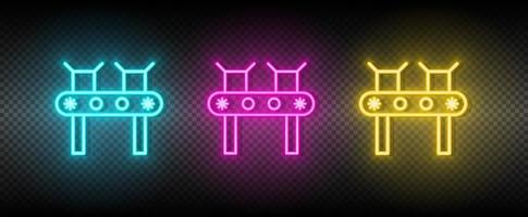 conveyor belt, package neon icon set. Technology vector illustration neon blue, yellow, red icon set