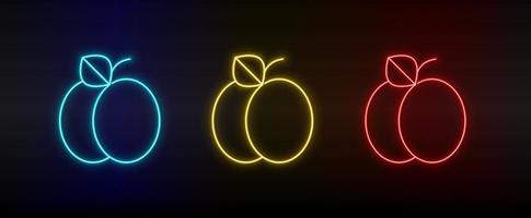 Neon icon set apricot. Set of red, blue, yellow neon vector icon on dark background