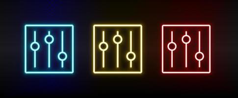 controls, options, settings neon icon set. Set of red, blue, yellow neon vector icon on dark transparent background