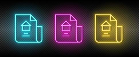 Real estate vector document, house, property. Illustration neon blue, yellow, red icon set
