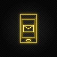 Yellow neon icon phone, message. Transparent background. Yellow neon vector icon on dark background