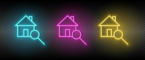 Real estate vector home, search. Illustration neon blue, yellow, red icon set