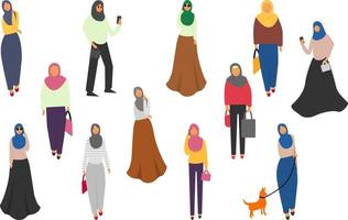 Muslim women set. Cute cartoon Arab girls in traditional dress. Businesswoman collection. vector