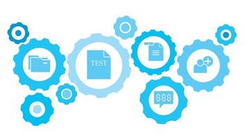 Connected gears and vector icons for logistic, service, shipping, distribution, transport, market, communicate concepts. add, user gear blue icon set on white background