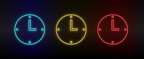 Neon icon set clock, hour. Set of red, blue, yellow neon vector icon on dark transparent background