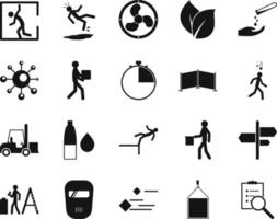 HSE concept, occupational safety and health document, msds, production factory and environment, labor preventive instructions, worker protection vector icon set on white background