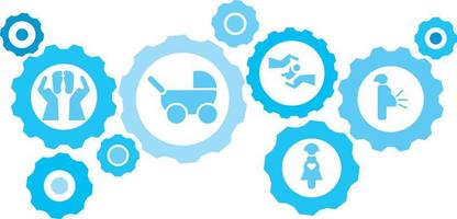 Connected gears and vector icons for logistic, service, shipping, distribution, transport, market, communicate concepts. Pregnant, woman, baby gear blue icon set .