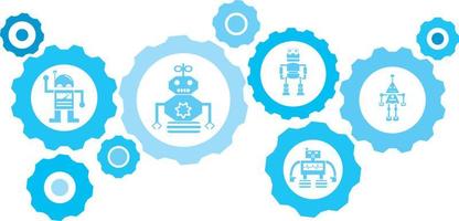 Robot, icon, technology blue gear set. Abstract background with connected gears and icons for logistic, service, shipping, distribution, transport, market, communicate concepts on white background vector