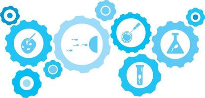 Connected gears and vector icons for logistic, service, shipping, distribution, transport, market, communicate concepts. Artificial insemination, sperm gear blue icon set .