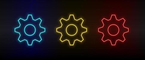 Neon icon set settings. Set of red, blue, yellow neon vector icon on dark transparent background