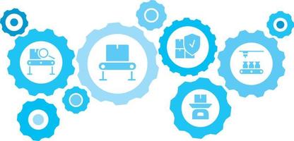 Connected gears and vector icons for logistic, service, shipping, distribution, transport, market, communicate concepts. Mass, production, conveyor gear blue icon set on white background