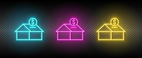 Real estate vector house, money, bank. Illustration neon blue, yellow, red icon set