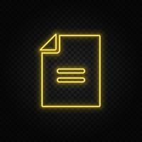 file, contract, application yellow neon icon .Transparent background. Yellow neon vector icon on dark background