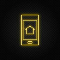Yellow neon icon phone, home. Transparent background. Yellow neon vector icon on dark background