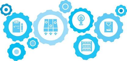 Connected gears and vector icons for logistic, service, shipping, distribution, transport, market, communicate concepts. Mass, production, 3d printer gear blue icon set on white background