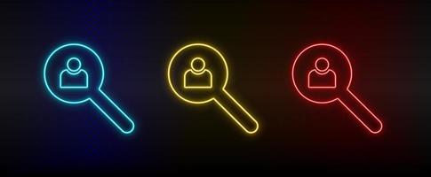 Neon icon set avatar, user, search. Set of red, blue, yellow neon vector icon on dark transparent background