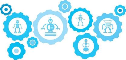 Robot, icon, technology, industry, factory blue gear set. Abstract background with connected gears and icons for logistic, service, shipping, distribution, transport, market, communicate concepts vector