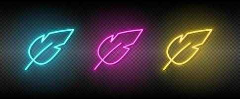 feather vector icon yellow, pink, blue neon set. Tools vector icon on dark transparency background