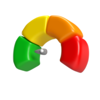 3d ícone velocímetro metro com seta para painel de controle com verde, amarelo, laranja e vermelho indicadores. calibre do tacômetro. baixo, médio, Alto e risco níveis. isolado transparente png fundo