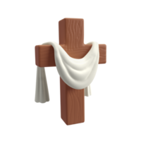 3d icon Wooden Cross with white cloth textile, symbol of the resurrection of Jesus Christ. He is risen. Easter resurrection illustration. Scripture. isolated transparent png background