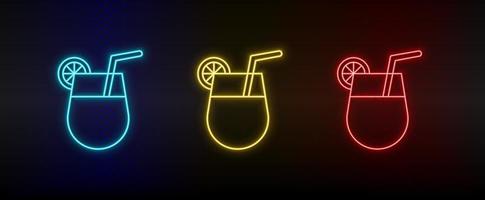 Neon icon set cocktail, drink. Set of red, blue, yellow neon vector icon on dark background