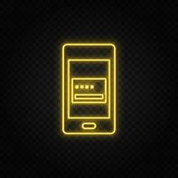 Yellow neon icon phone, credit, card. Transparent background. Yellow neon vector icon on dark background