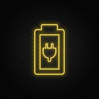 Yellow neon icon charge, battery. Transparent background. Yellow neon vector icon on dark background