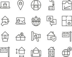 location, map, home set vector icons. Real estate icon set. Simple Set of Real Estate Related Vector Line Icons. Contains such Icons as Map, Plan, Bedrooms on white background