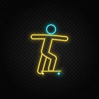 Skateboard. Blue and yellow neon vector icon. Transparent background.