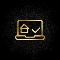 Choose, home, laptop, real estate gold icon. Vector illustration of golden particle background. Real estate concept vector illustration .