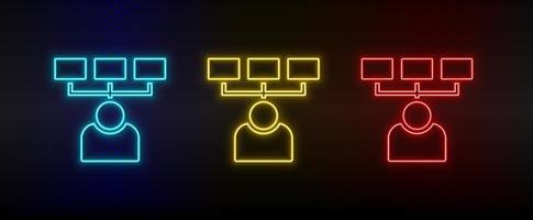 Neon icon set skills, users. Set of red, blue, yellow neon vector icon on dark transparent background