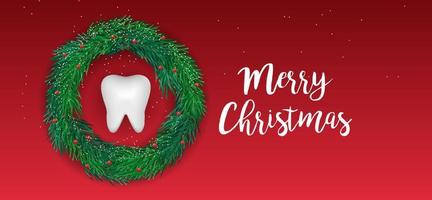 Christmas tooth and happy year celebrate with Christmas tree. Dental care concept. Illustration vector background. Tooth Christmas tree. Vector dental happy new year and Christmas card.